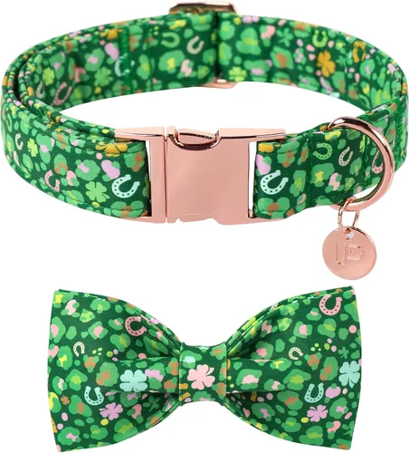 Vista 6 de Collar de perro del día de San Patricio con corbatín, collar de lazo de trébol de la suerte ajustable para perros hembras y niños, collar de perro