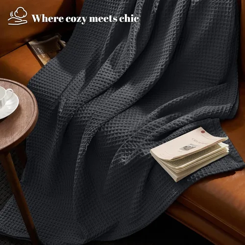 Vista 4 de PHF - Manta de punto gofre ultra suave de 50"x 60" - Manta tejida, ligera, transpirable y acogedora, lavada - Ideal para sofá, cama, sillón, Negro