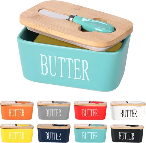 Vista 14 de Mantequillera de cerámica con tapa de madera, contenedor grande de mantequilla con esparcidor de cuchillo de acero inoxidable, cubierta de bambú