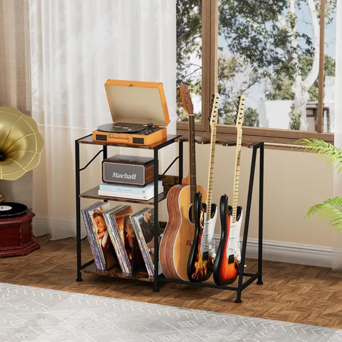 Vista 2 de Hosfais Soporte para tocadiscos, soporte de guitarra de 3 niveles para guitarra acústica, guitarra eléctrica, soporte para bajo, almacenamiento