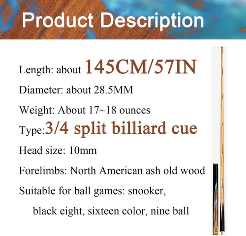 Vista 2 de Tacos de billar profesionales 3/4 taco de billar estilo chino negro 8 taco de billar taco de billar 0.394 in con caja (color: 1)