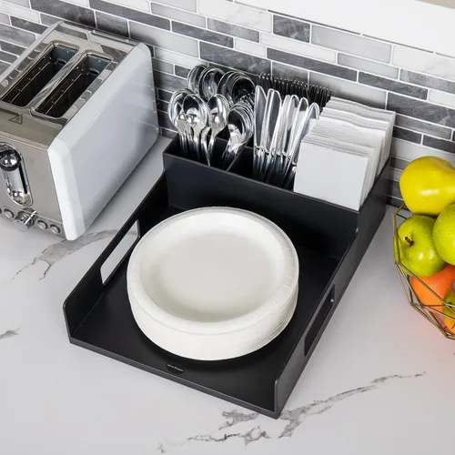Vista 6 de Mind Reader Bandeja organizadora de utensilios y servilletas y platos, organizador de encimera con 7 compartimentos, capacidad para platos de hasta