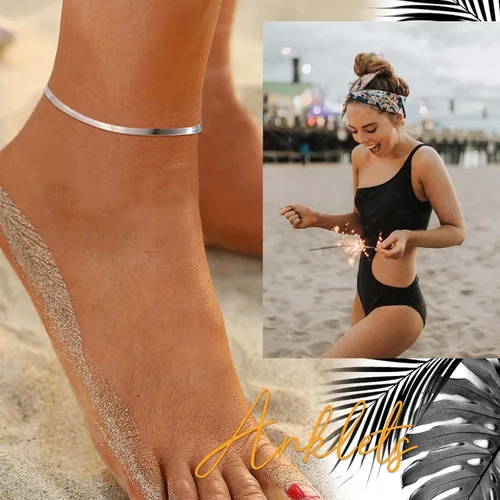 Vista 5 de SILVERCUTE Silver Ankle Bracelets for Women, Sterling Silver Initial Anklet Layer Wear Handmade A-Z Letter Anklet, FlowerFigaroCuban LinkHerringbone
