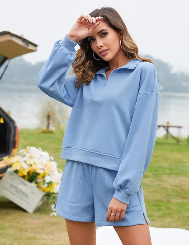 Vista 2 de Flygo Conjunto de ropa de descanso de 2 piezas para mujer, conjunto de sudadera casual con cremallera y pantalones cortos de cintura alta