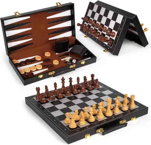 Vista 8 de Juego de ajedrez magnético 3 en 1 y juego de mesa de backgammon de damas, tablero de ajedrez plegable de madera de 15 pulgadas, juego de ajedrez