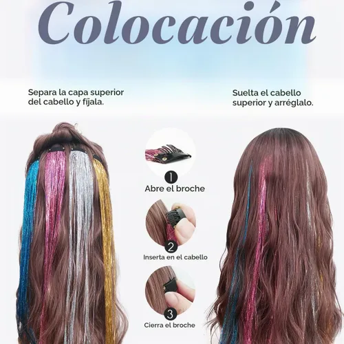Vista 3 de Extensiones de cabello de oropel con clip con purpurina para niños Surtido - 16