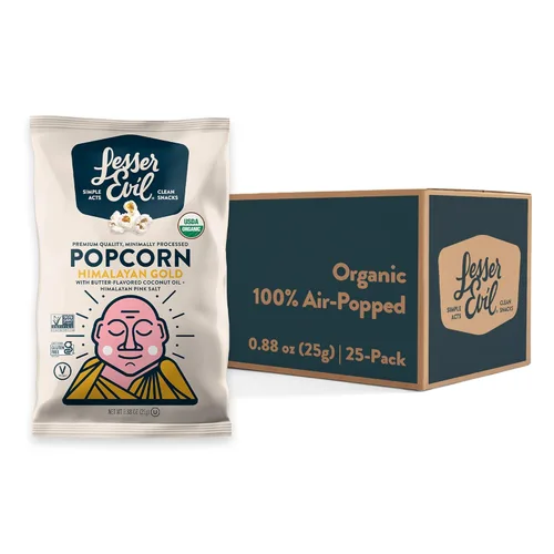 LesserEvil Himalayan Gold - Palomitas de maíz orgánicas, sin ingredientes artificiales, aceite de coco, 0.88 onzas (paquete de 25)