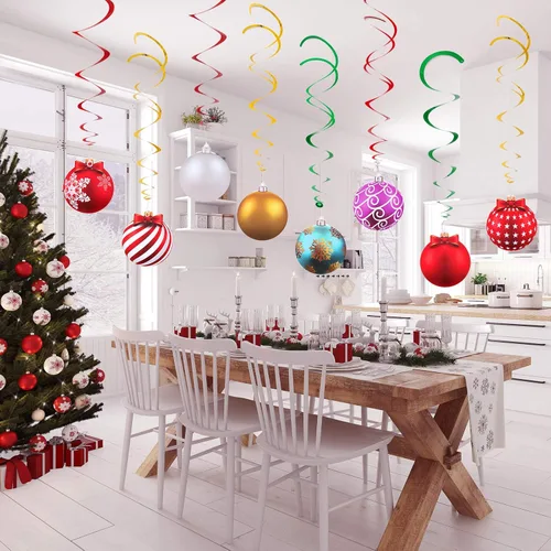 Vista 5 de Skylety 36 piezas de decoraciones colgantes de remolinos de papel de aluminio de Navidad, decoraciones de remolinos de papel de aluminio para techo