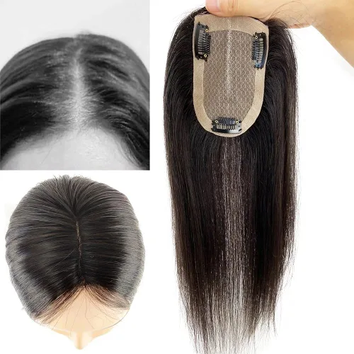 Vista 2 de Postizo de pelo de 3.1x4.7 in, base mono, cabello humano real, hecho a mano, con 3 clips para mujer, pieza de cabello natural