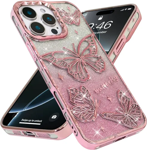 Vista 2 de BITOBE Diseñada para iPhone 16 Pro Max, Bonita Funda de Mariposa 3D Delgada con Chapado Brillante Reluciente de Lujo para Mujeres y Niñas Protectora