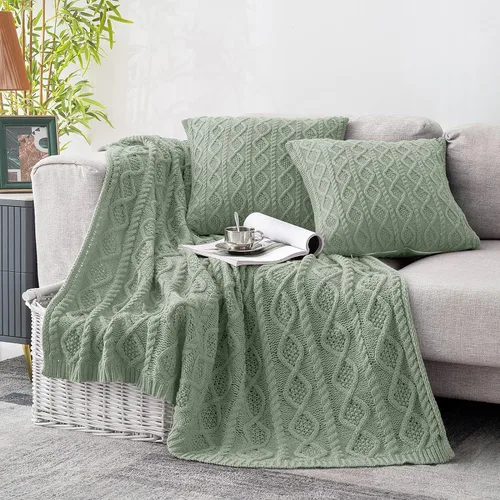 Homiest Juego de Manta y Almohada de Punto Trenzado, Juego Verde Salvia de 3 Piezas, Manta de Punto (50"x60") y 2 Fundas de Almohada (18"x18"),