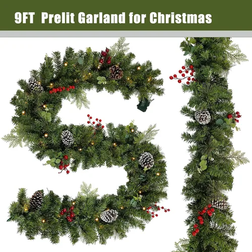 Vista 4 de Guirnalda de Navidad preiluminada de 9 pies con luces - Estilo rojo. Guirnalda preiluminada para decoraciones navideñas. Rama gruesa con 230 puntas.