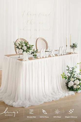 Vista 2 de Ling's moment Falda de mesa de gasa blanca de 9 pies, mantel transparente extra largo para patio, boda, recepción, decoración de fiesta