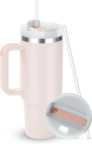 MAGDIE - Vaso H2.0 de 40 onzas con asa y pajilla, doble pared aislada al vacío de acero inoxidable para agua, té, café helado, batidos, hielo y más…