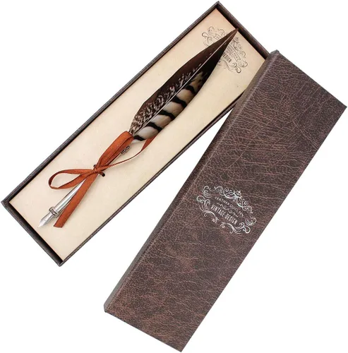 Vista 2 de Gullor Pluma de pluma vintage, pluma de inmersión de plumas naturales con caja de regalo, negro y marrón