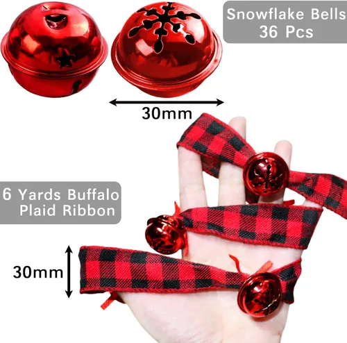 Vista 2 de Jishi Guirnalda de Cinta a Cuadros Búfalo Rústica - 6 Yardas con Cascabel y Adornos de Campana de Trineo de Metal