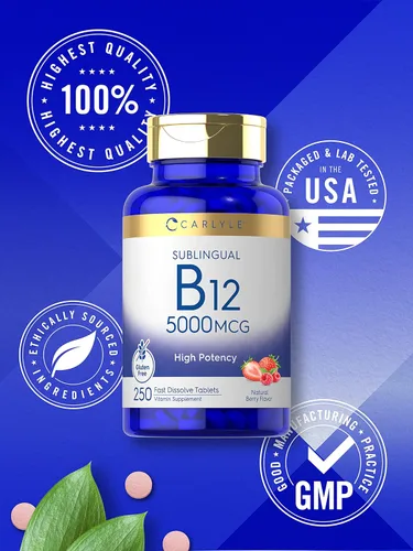 Vista 5 de Carlyle Vitamina B12 5000 mcg Sublingual 250 tabletas de disolución rápida Alta potencia Sabor natural de bayas Vegetariano, sin OMG y sin