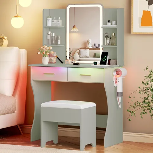 Vista 12 de Escritorio de tocador con espejo de luces LED y toma de corriente, pequeño juego de mesa de tocador de maquillaje con cajones de almacenamiento, 3