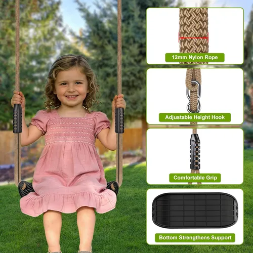 Vista 7 de BeneLabel Asiento de columpio resistente con cuerda ajustable, asientos de columpio de plástico para niños, asiento de columpio negro de repuesto