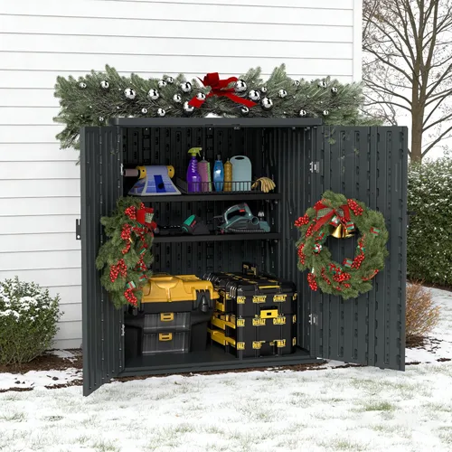 Vista 10 de EHHLY Gabinete de Almacenamiento Pequeño y Resistente para Exterior Impermeable, Gabinete de Almacenamiento de Garaje de 14 pies cúbicos con 2