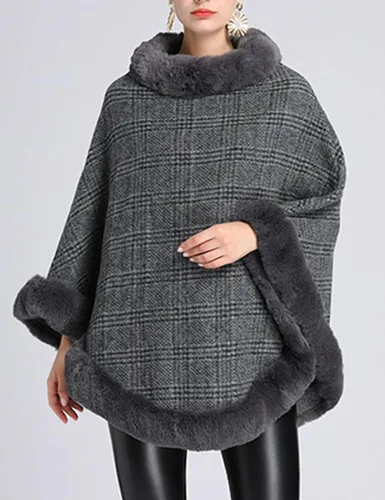 Vista 6 de Gihuo Poncho a cuadros para mujer, abrigo cálido de invierno con ribete de piel sintética, elegante capa de chal, chales