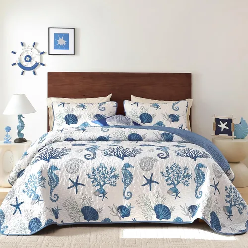 Vista 12 de Juego de Colcha Ocean Colcha Cubrecama Tamaño Queen de 3 Piezas - Microfibra Suave y Ligera de Verano Ropa de Cama Náutica de Playa Costera Manta