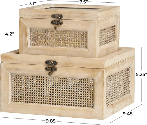 Vista 6 de Deco 79 Caja decorativa de madera con parte superior de vidrio, cajas de recuerdo decorativas con paneles laterales de ratán y cierres de gancho