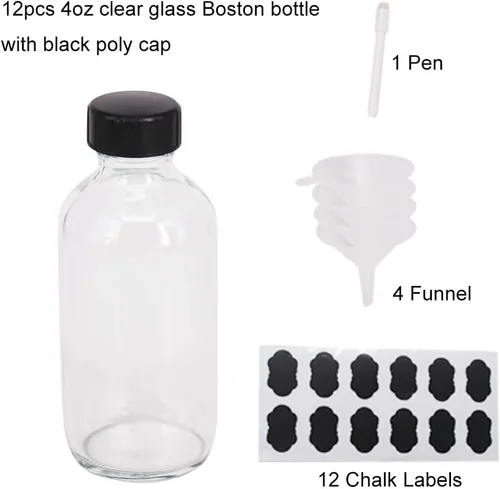 Vista 6 de Paquete de 12 botellas de vidrio transparente de 4 onzas con tapas, embudo, etiquetas de tiza, bolígrafo, botella de extracto de vainilla, botellas