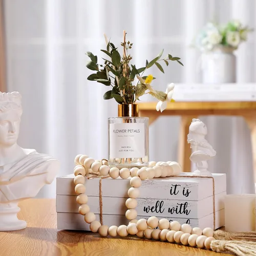 Vista 2 de Jetec 3 libros decorativos para decoración del hogar, libros de imitación blancos, libros de exhibición apilados con borlas de cuentas de madera