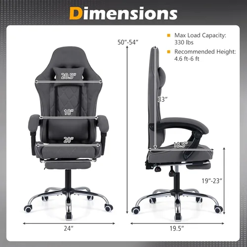 Vista 3 de Giantex Silla para juegos, Silla de computadora de altura ajustable con reposacabezas, soporte lumbar, reposabrazos de acoplamiento, respaldo