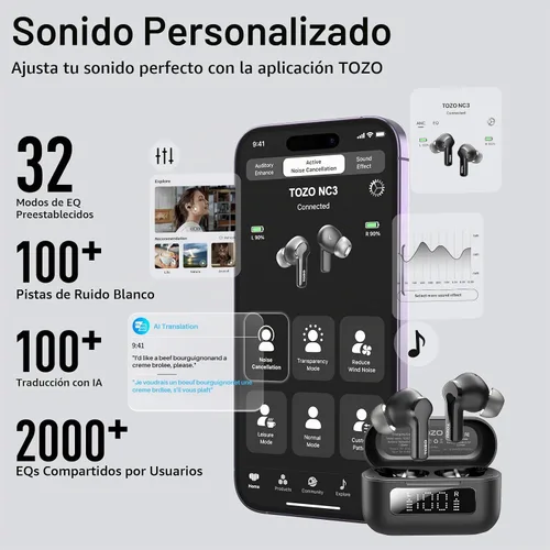 Vista 6 de TOZO Auriculares inalámbricos híbridos con cancelación activa de ruido en Negro