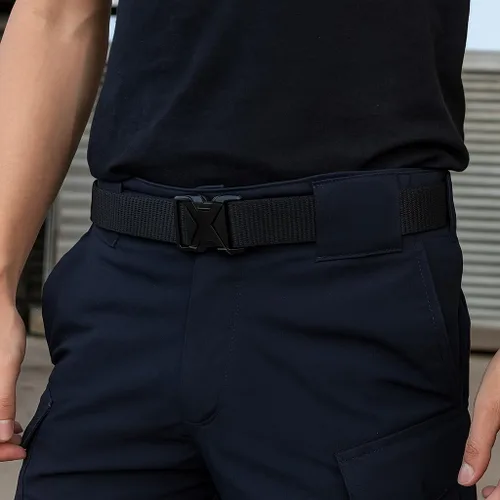 Vista 3 de Cinturón táctico para hombre, cinturón de tela de estilo militar, 1.5 pulgadas de ancho, hebilla de liberación rápida, negro, cinturón de trabajo