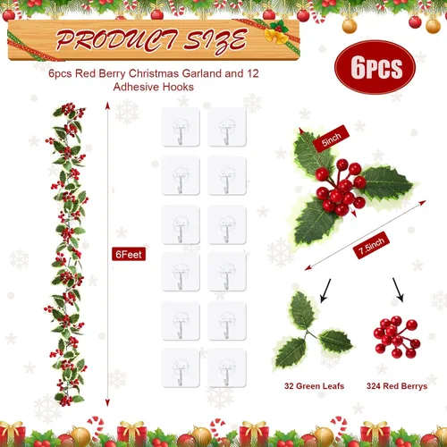 Vista 2 de Lyrow Guirnalda de Navidad de bayas rojas de 6 pies, 6 pies, guirnalda de bayas artificiales, guirnalda de Navidad flexible para exteriores