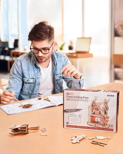 Vista 7 de ROKR Rompecabezas 3D para adultos, rompecabezas de madera, juegos de construcción de modelos de prensa de impresión clásica, manualidades de madera