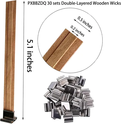 Vista 2 de Mechas de madera de doble capa para hacer velas, 30 juegos de mechas de madera con base, mecha de vela de madera