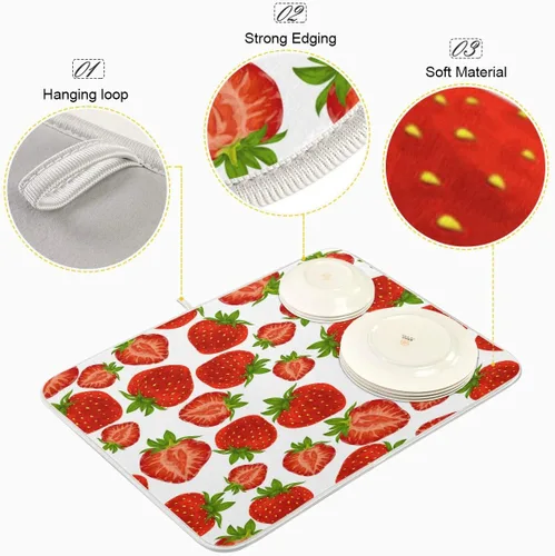 Vista 4 de Tapete de secado de platos para encimera de cocina, fresas de verano, ultra absorbente, reversible, de microfibra, resistente al calor, 18 x 24