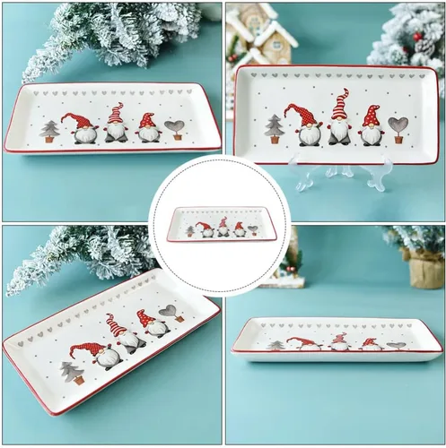 Vista 8 de Platos rectangulares de porcelana para servir gnomos de Navidad para servir ensalada, pasta, queso, aperitivo, jamón, apto para lavavajillas