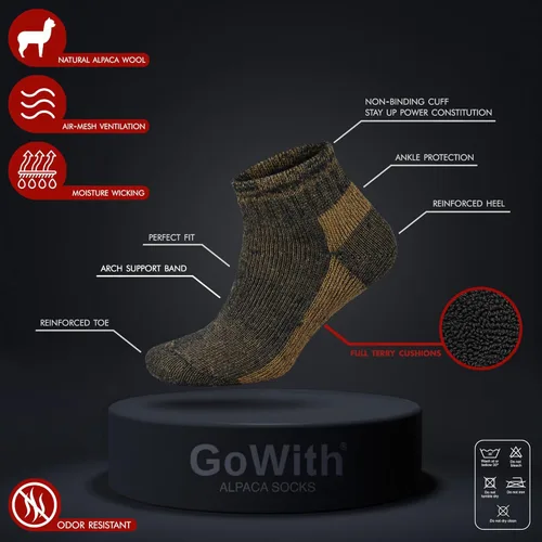 Vista 5 de GoWith 2 Pairs Alpaca Wool Low-Cut Ankle Socks for Men Women, Cushioned Terry Warm Thermal Thick Merino Blend Camping Socks