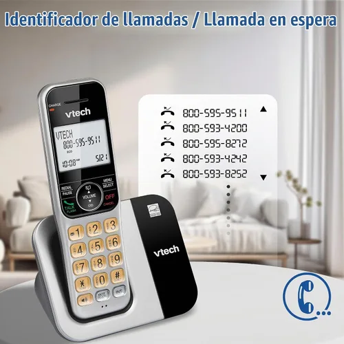 Vista 5 de Sistema de teléfono inalámbrico VTech para el hogar con bloqueo de llamadas, pantalla grande y botones, pantalla retroiluminada, altavoz