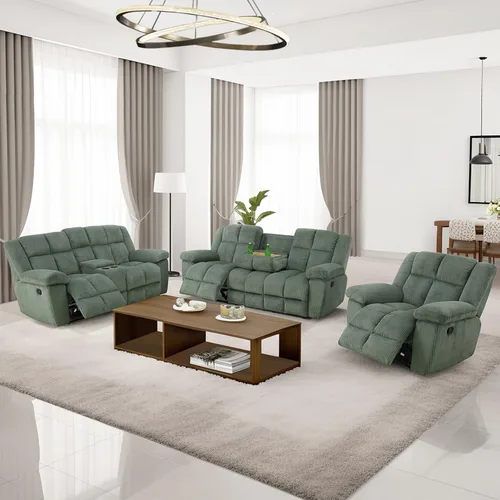 Vista 4 de Juego de sofá reclinable para muebles de sala de estar, juego de sofá y silla reclinable de pana verde, tela manual, sofá reclinable de 3 plazas