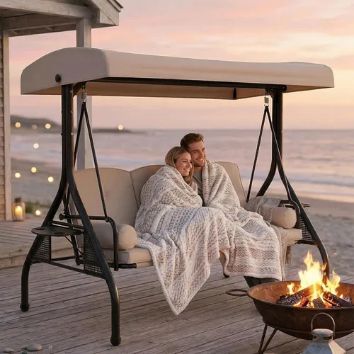 Vista 13 de Columpio de porche con toldo, columpios al aire libre con soporte, cama de columpio de patio con cojines, banco de columpio para 3 personas