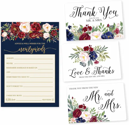 Hadley Designs 50 tarjetas florales de consejos de boda y buenos deseos, 24 tarjetas de agradecimiento, libro de invitados alternativo, juegos de