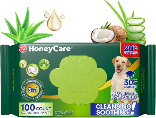HONEY CARE Toallitas desechables para mascotas para perros y gatos, sin fragancia, 100 unidades, limpieza y calmante para patas, glúteos y cuerpo
