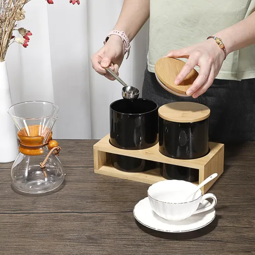 Vista 7 de JUXYES Set of 2 Ceramic Coffee Canisters With Scoop And Airtight Lids For Sugar Coffee Tea, Decorative Storage Containers Sets Black Ceramic Storage