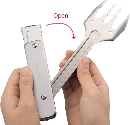 Vista 3 de ROXON Juego de herramientas de barbacoa plegable mini 4 en 1 con espátula, tenedor, pinzas y abrebotellas para acampar y hacer senderismo (gris)