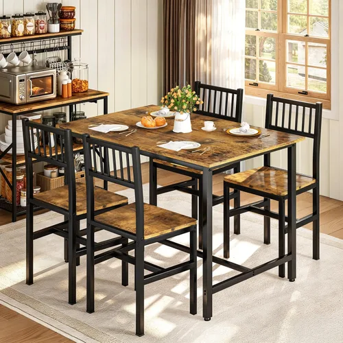 Vista 6 de AWQM Juego de mesa de comedor para 4, mesa industrial con juego de sillas, marrón rústico