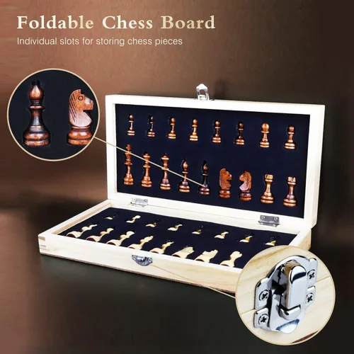 Vista 2 de Wooden Chess Set for Adults, Portable Chess Board Folding Magnetic Chess Sets Boards Game for Beginners Travel Chess Piece Set with Portable Storage