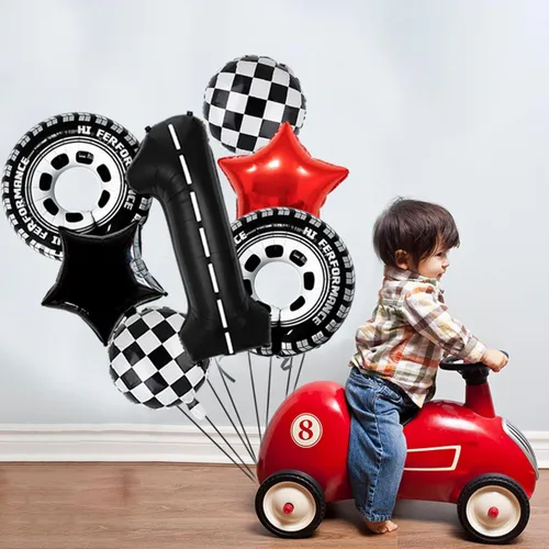 Vista 6 de Decoraciones de fiesta de auto de carreras, globos de neumáticos con ruedas de Mylar, globo grande de 40 pulgadas negro número 1 para el primer