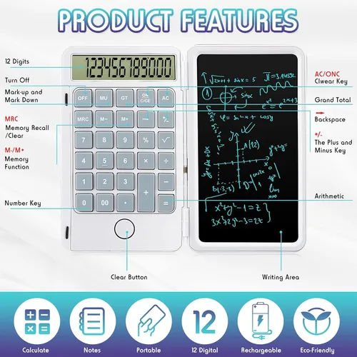 Vista 19 de Calculadoras Hion, Calculadora recargable de escritorio y de bolsillo con pantalla grande de 12 dígitos y tableta de escritura borrable