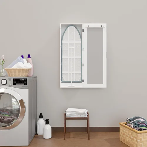 Vista 2 de Armario de tabla de planchar montado en la pared, armario plegable integrado con almacenamiento, puerta de espejo, color blanco